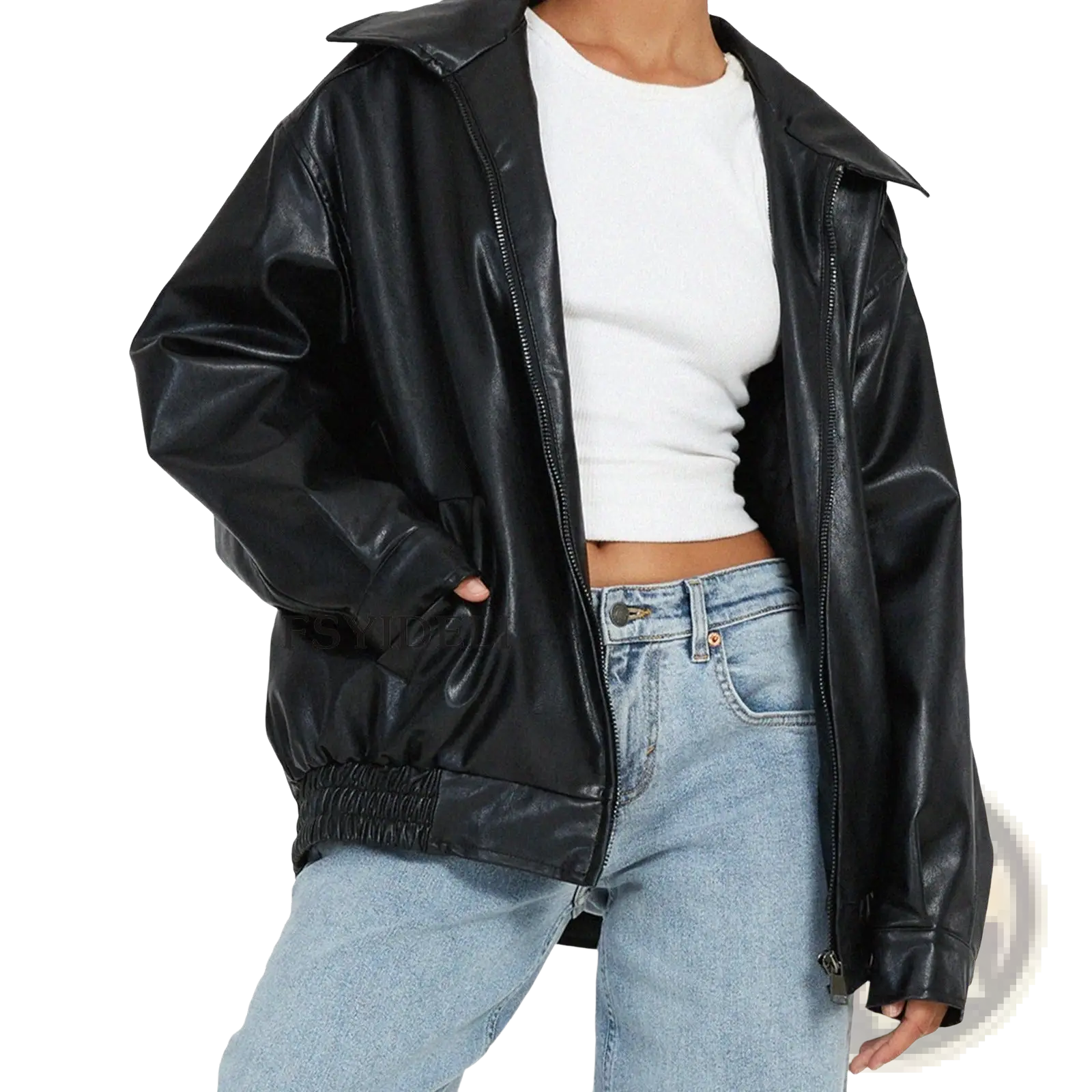 Black faux leather bomber jacket for women with high collar and elasticized waistband in a relaxed fit design