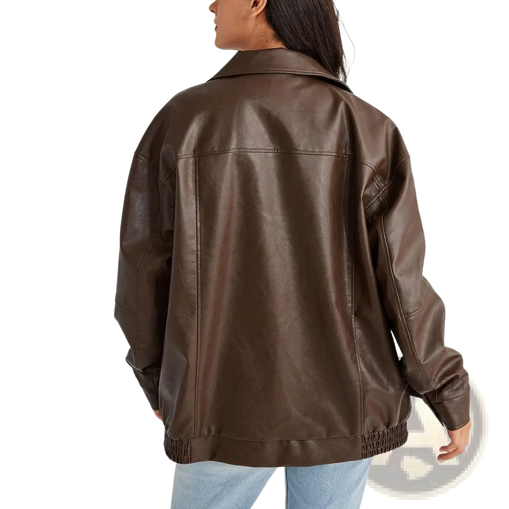 A brown faux leather bomber jacket with classic collar and elasticated cuffs for relaxed fit women’s wear
