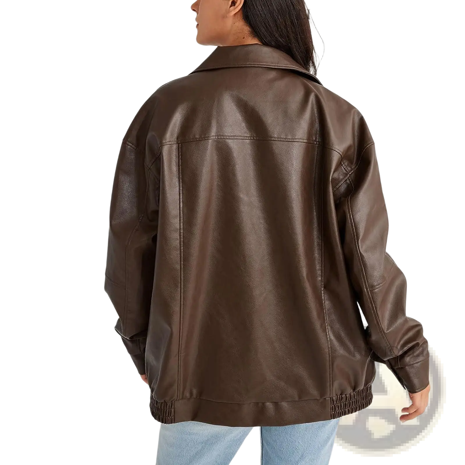 A brown faux leather bomber jacket with classic collar and elasticated cuffs for relaxed fit women’s wear