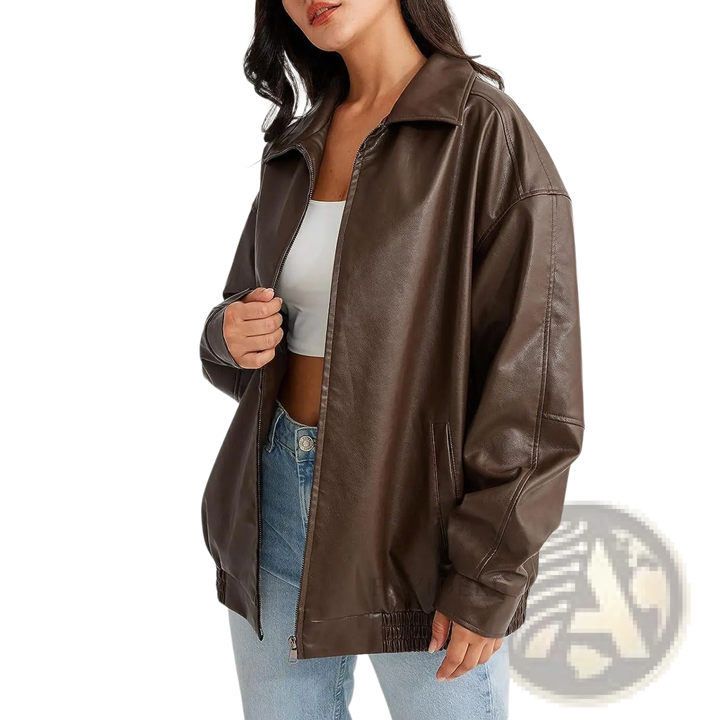 Brown faux leather bomber jacket with classic collar and zipper front in relaxed fit for women