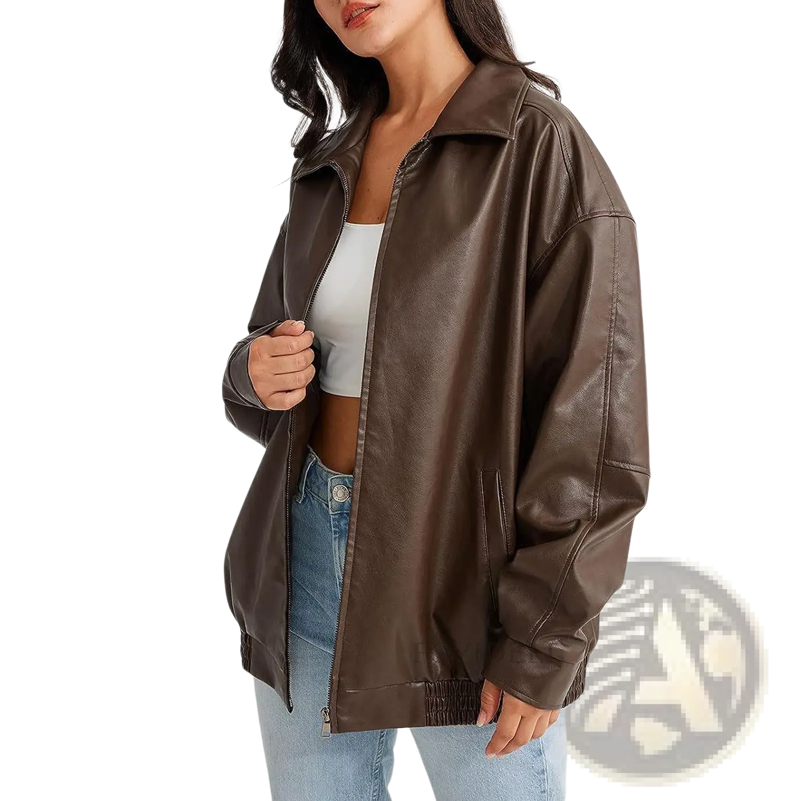 Brown faux leather bomber jacket with classic collar and zipper front in relaxed fit for women