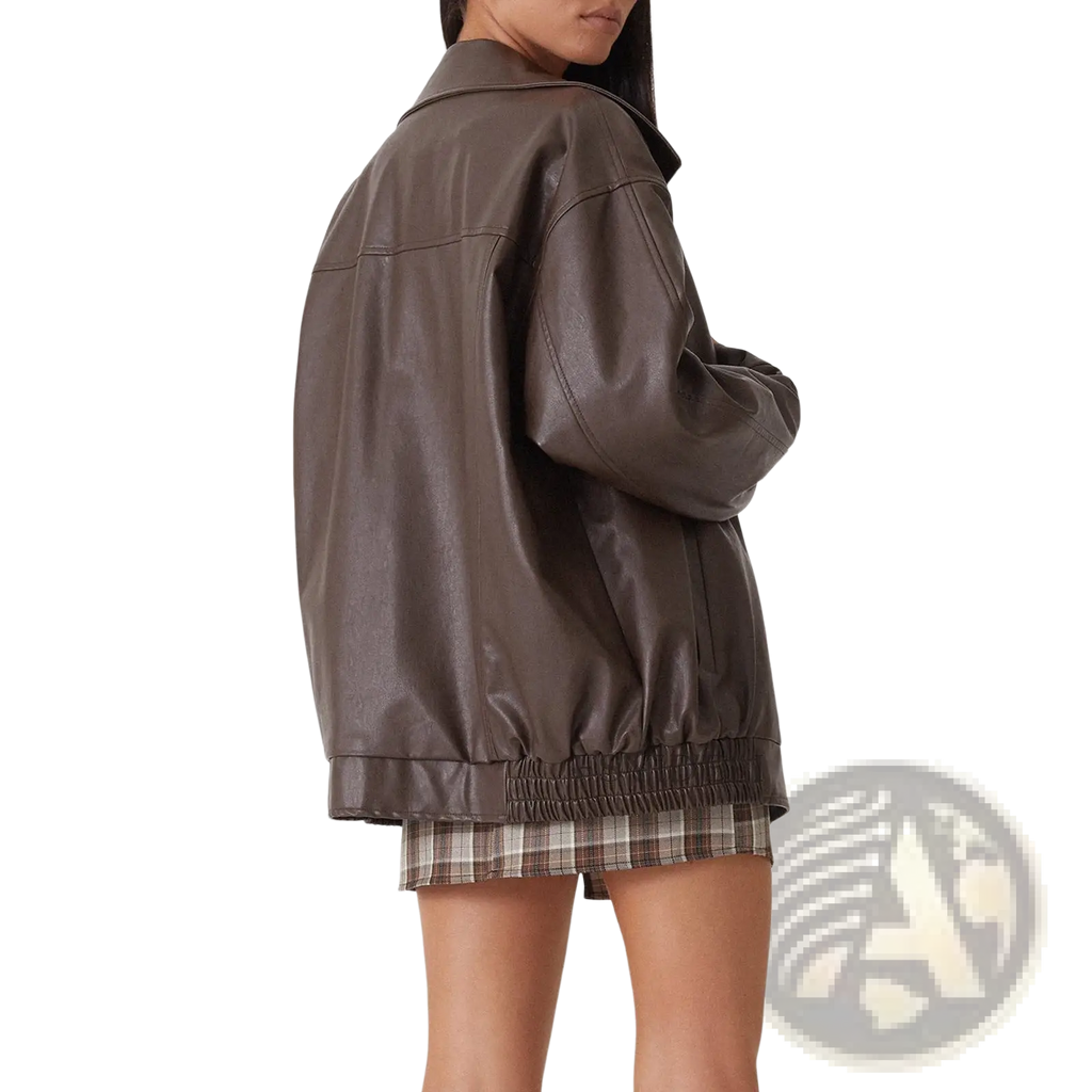 A sleek oversized brown faux leather bomber jacket with a relaxed fit and elasticated waistband for women