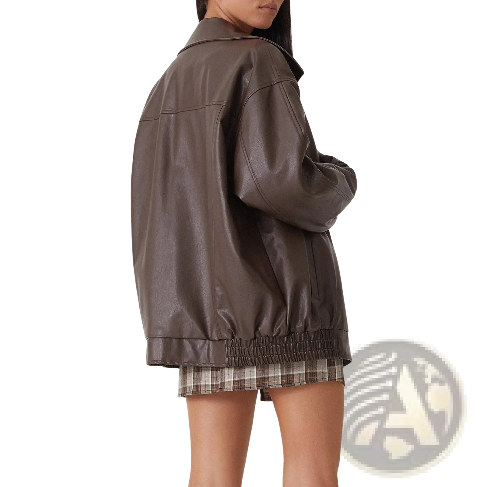 A sleek oversized brown faux leather bomber jacket with a relaxed fit and elasticated waistband for women