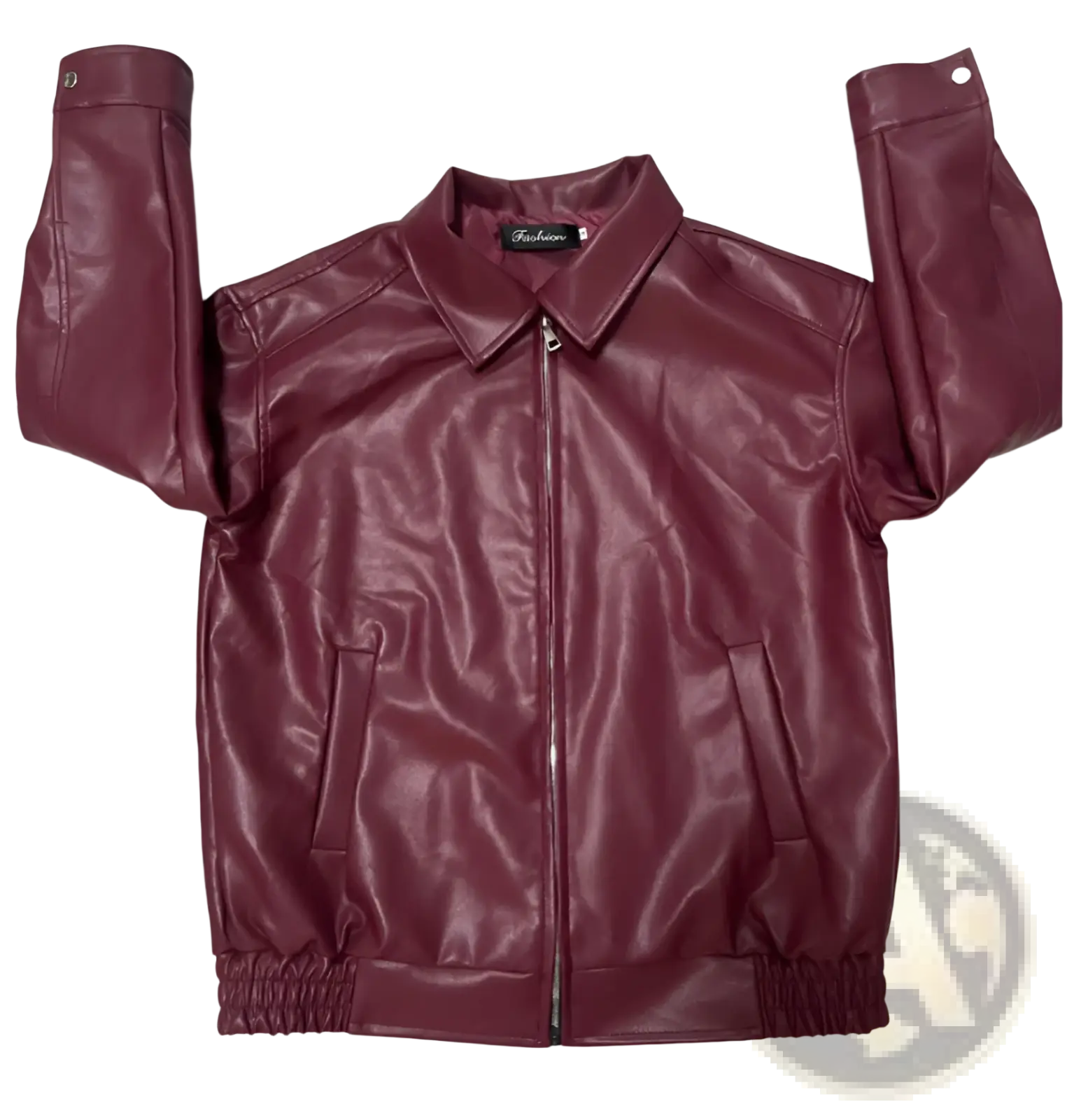 A maroon faux leather bomber jacket with a collar front zipper closure and elastic cuffs for women