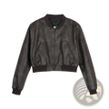 Dark brown faux leather bomber jacket with ribbed cuffs and collar in retro biker style front view