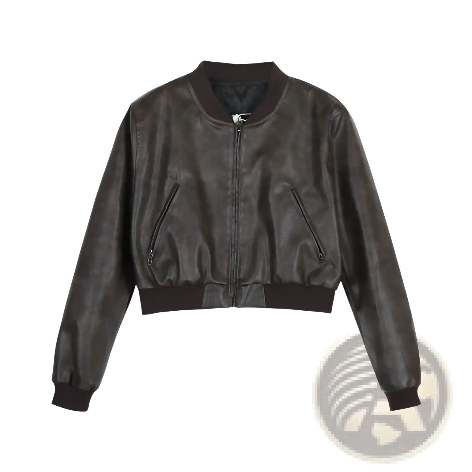 Dark brown faux leather bomber jacket with ribbed cuffs and collar in retro biker style front view