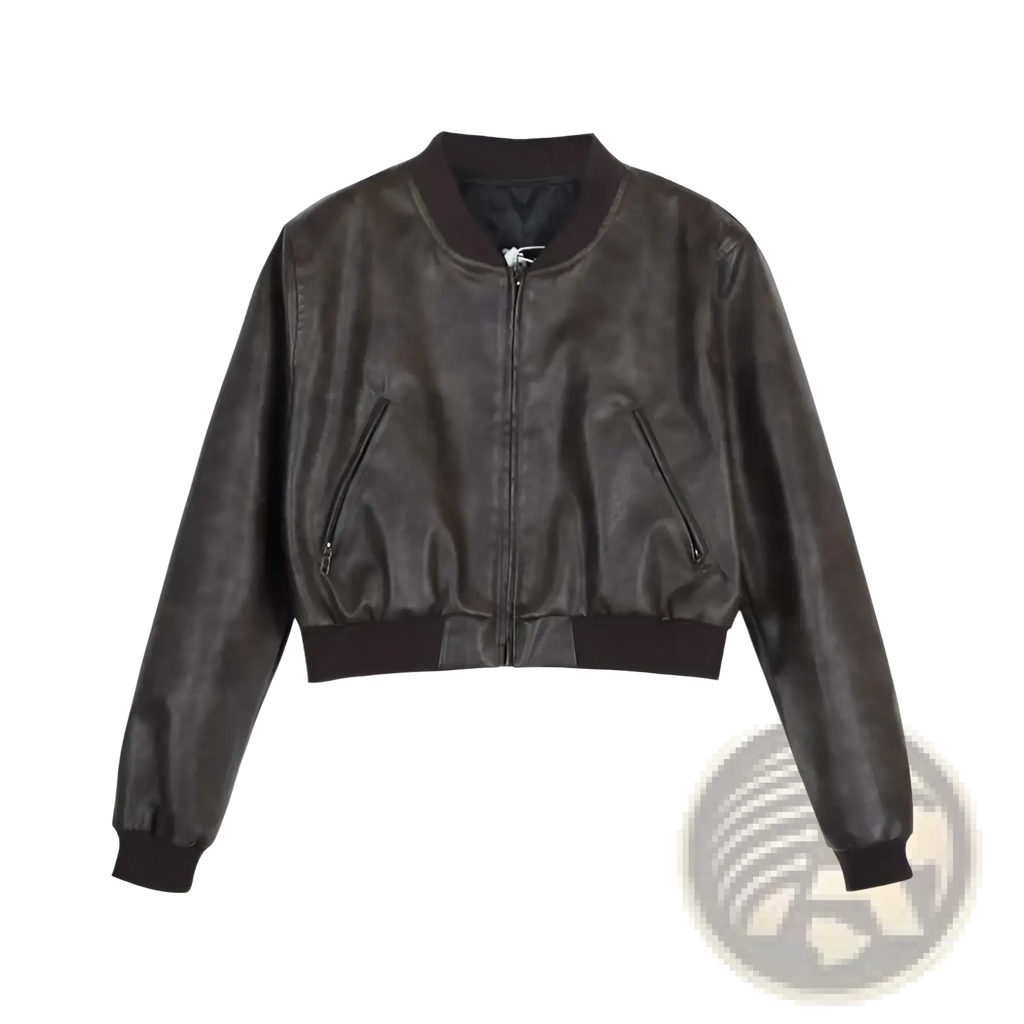 Black faux leather bomber jacket with ribbed cuffs and collar in retro biker style for casual wear