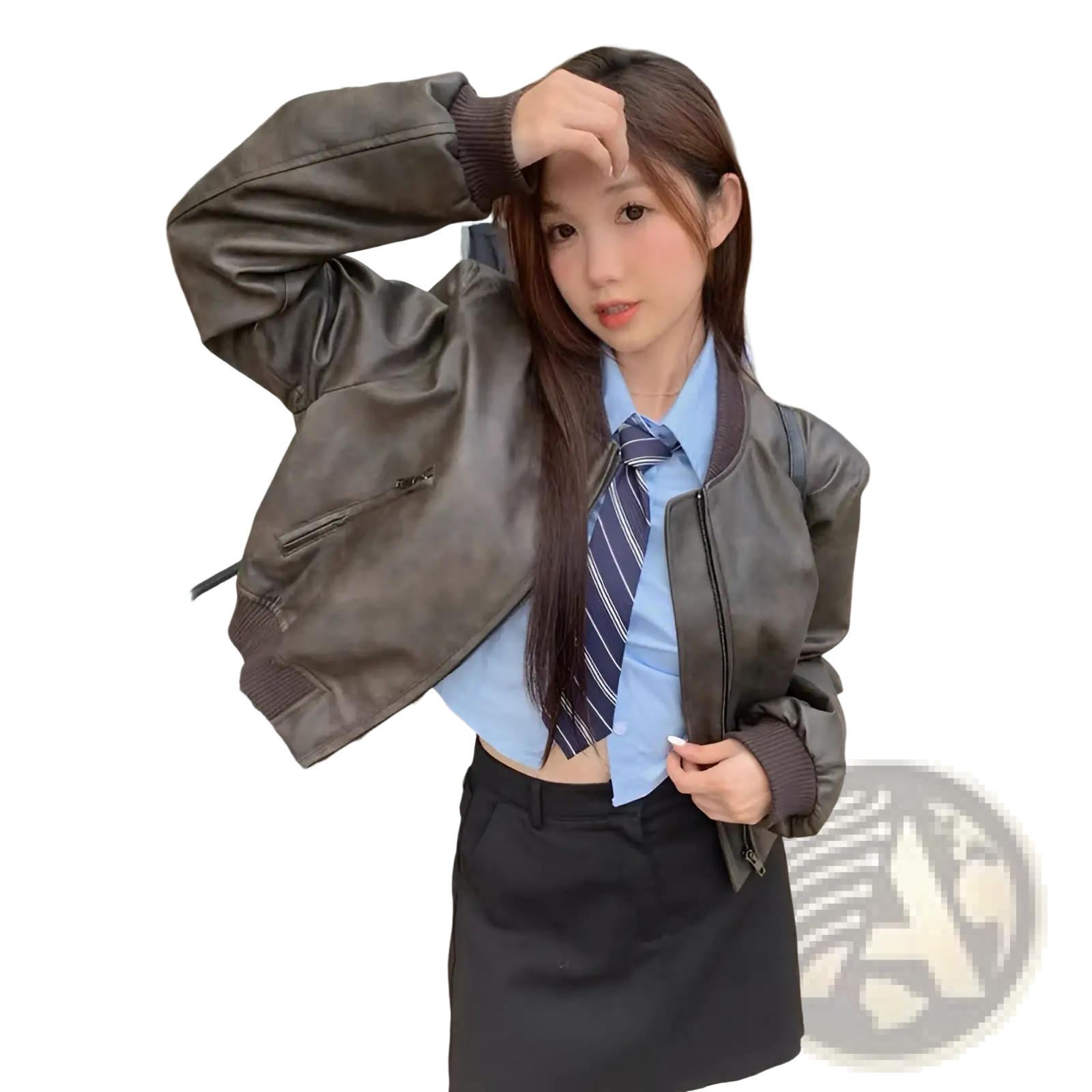 Dark brown faux leather bomber jacket with ribbed cuffs and collar in retro biker style front view