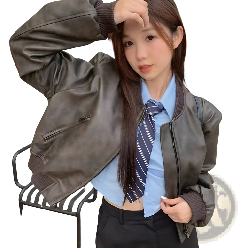 Dark brown faux leather bomber jacket with ribbed cuffs and collar in retro biker style shown from the front