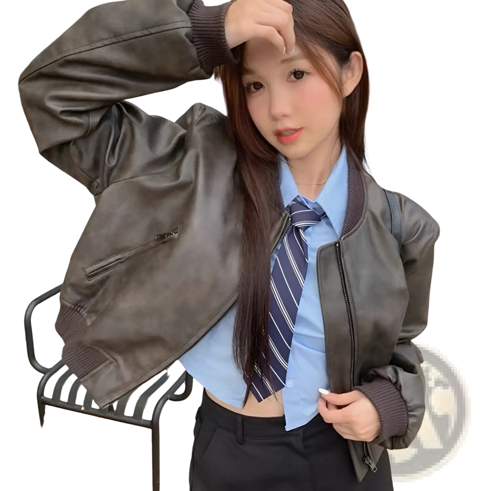 Dark brown faux leather bomber jacket with ribbed cuffs and collar in retro biker style shown from the front