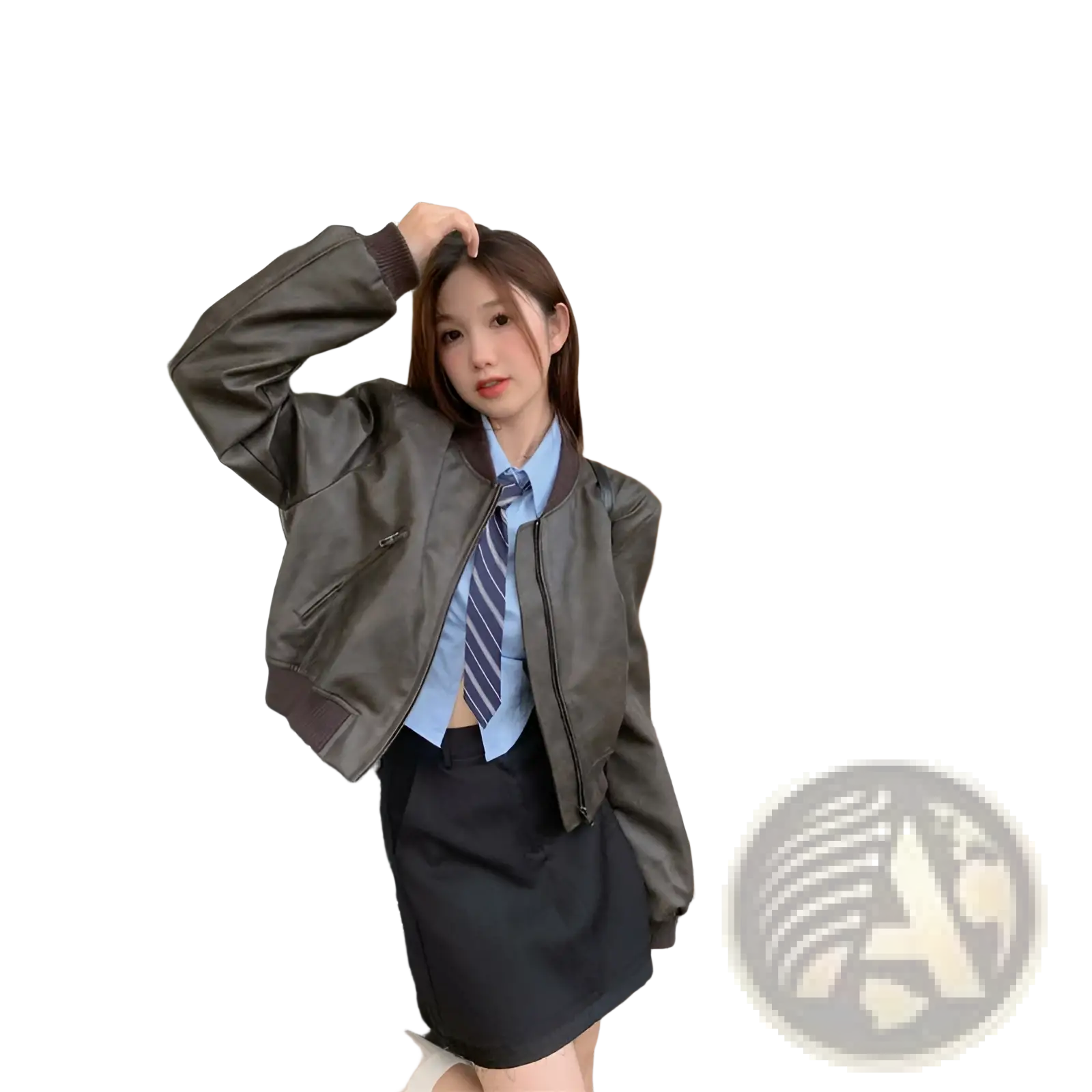 Dark brown faux leather bomber jacket with ribbed cuffs and collar in retro biker style front view