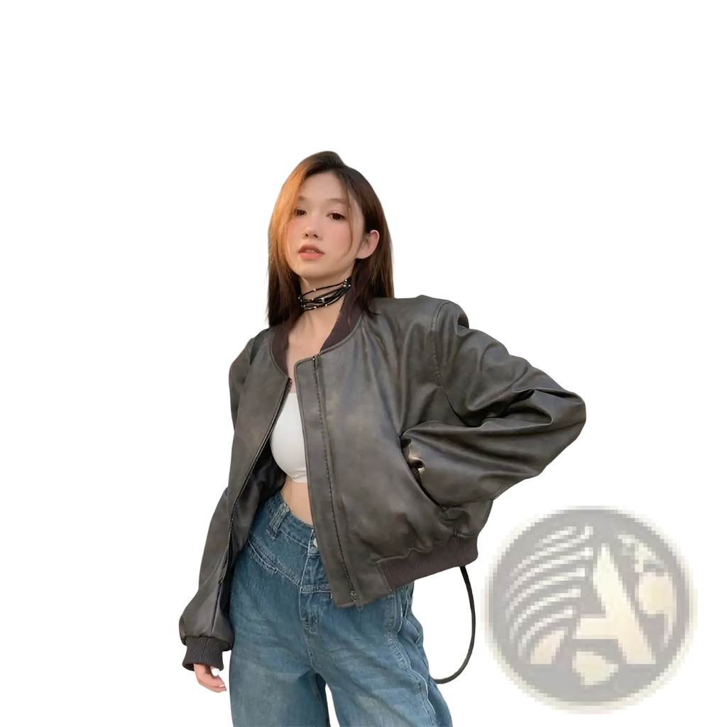 Dark gray faux leather bomber jacket with ribbed cuffs and hem in retro biker style front view