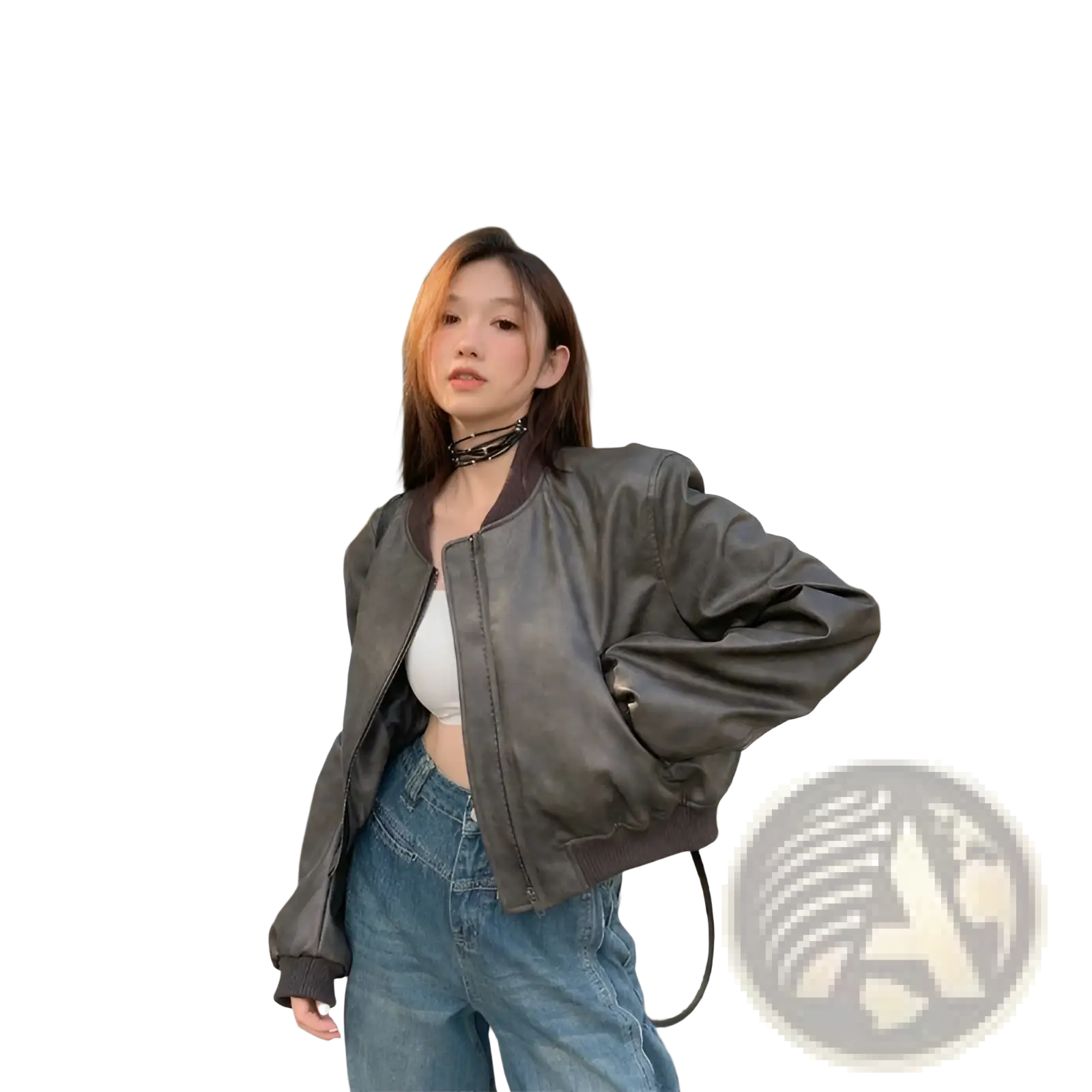 Dark gray faux leather bomber jacket with ribbed cuffs and hem in retro biker style front view