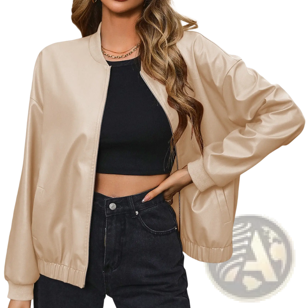 Beige faux leather bomber jacket with ribbed cuffs and hem for stylish casual wear