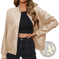 Beige faux leather bomber jacket with ribbed cuffs and hem for stylish casual wear