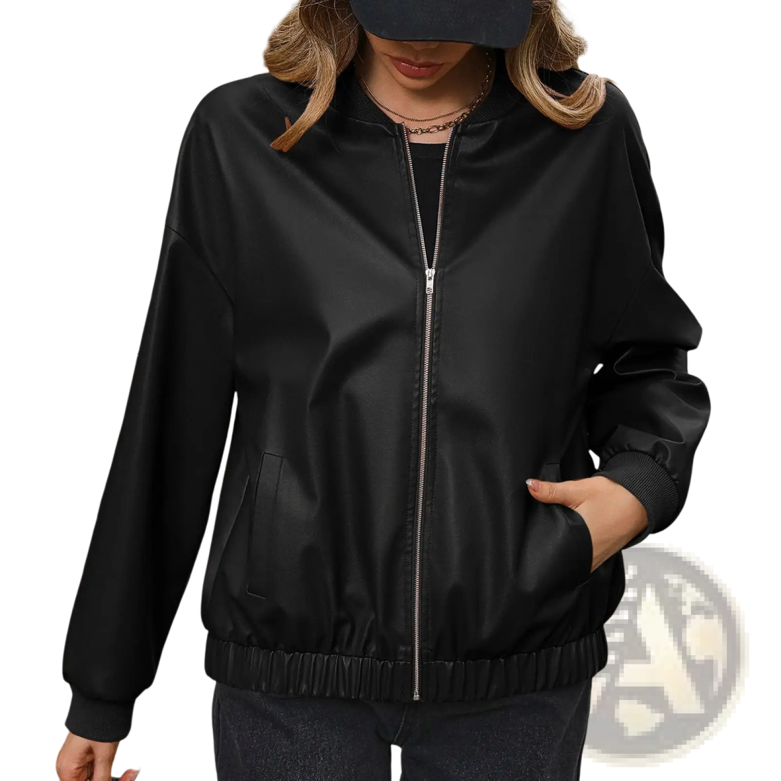 Black satin faux leather bomber jacket with silver zipper and elasticated ribbed cuffs for casual wear