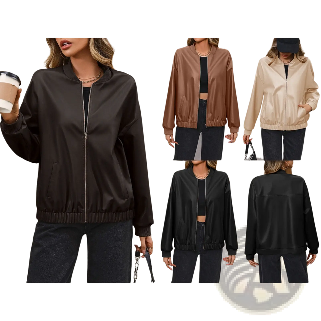 Black faux leather bomber jacket with zip front ribbed cuffs and hem for stylish casual wear