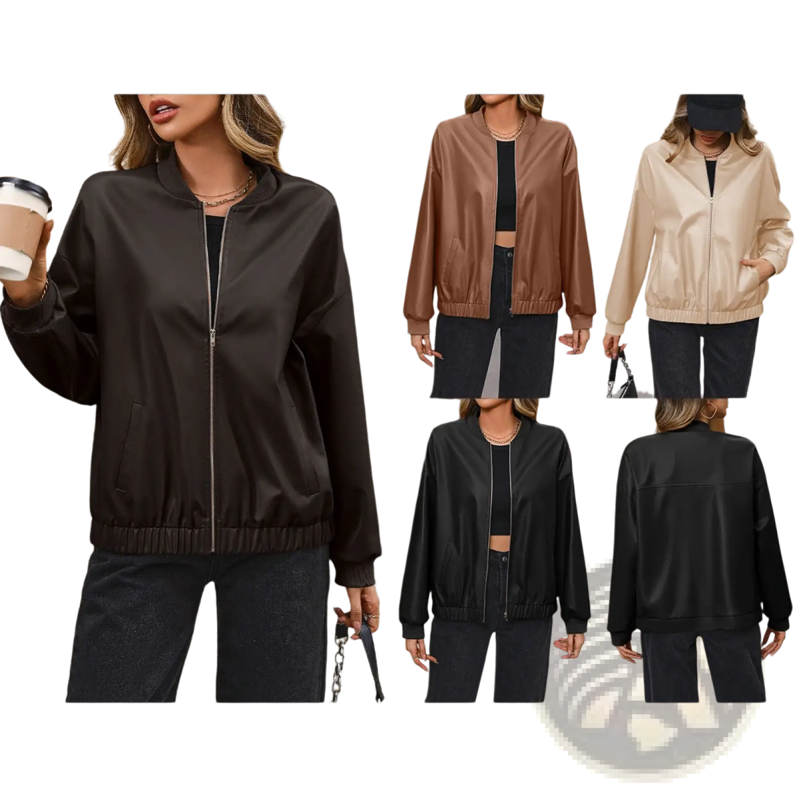 Black faux leather bomber jacket with zip front ribbed cuffs and hem for stylish casual wear