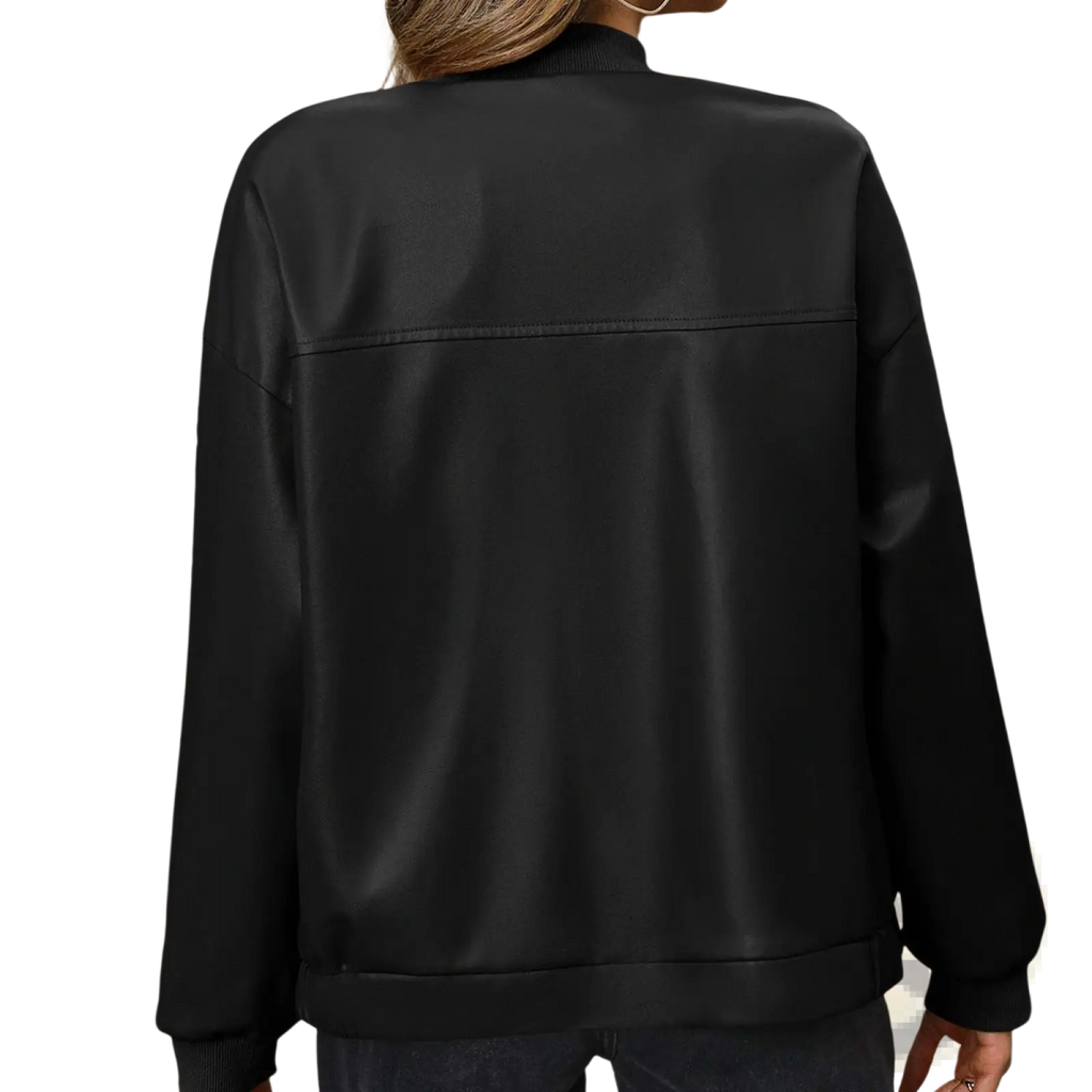 Black faux leather bomber jacket with ribbed cuffs and hem shown from the front for casual wear