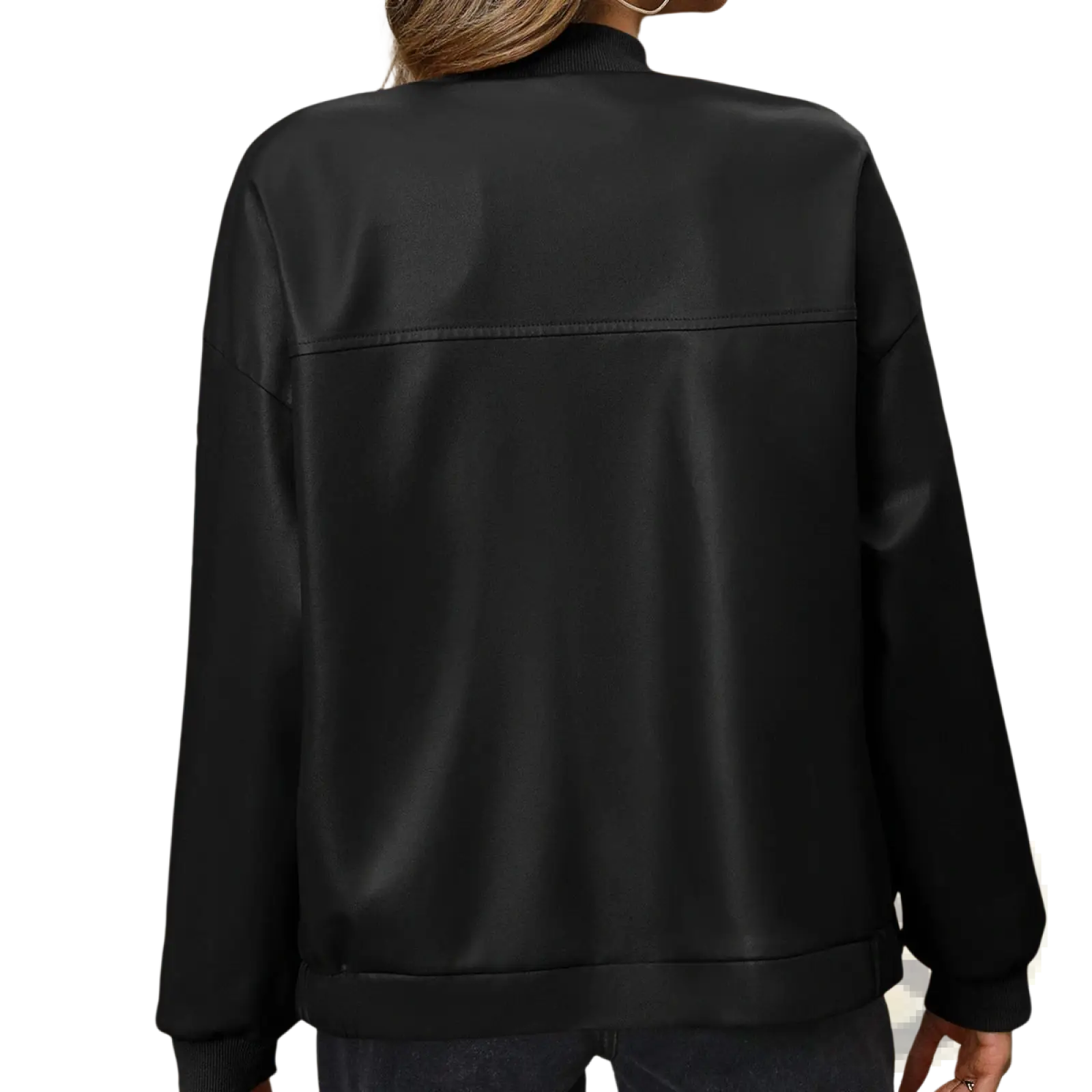 Black faux leather bomber jacket with ribbed cuffs and hem shown from the front for casual wear