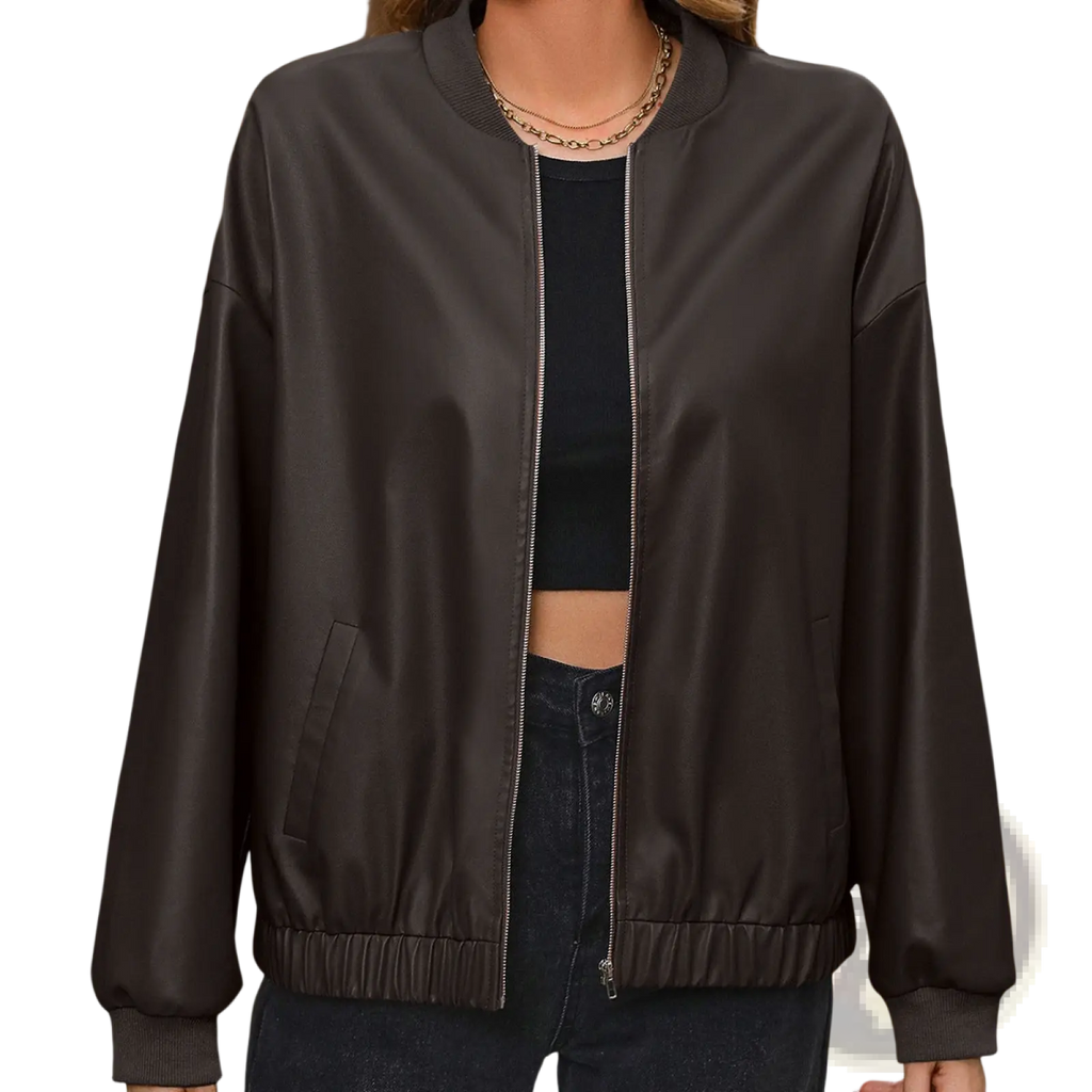 Dark brown faux leather bomber jacket with ribbed cuffs and waistband shown from the back side