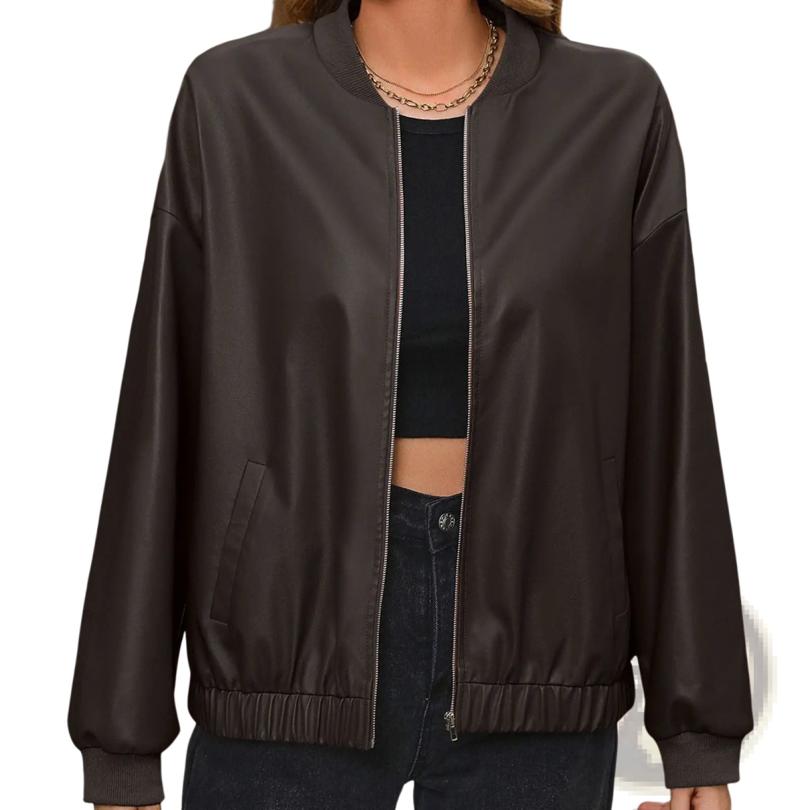 Dark brown faux leather bomber jacket with ribbed cuffs and waistband shown from the back side