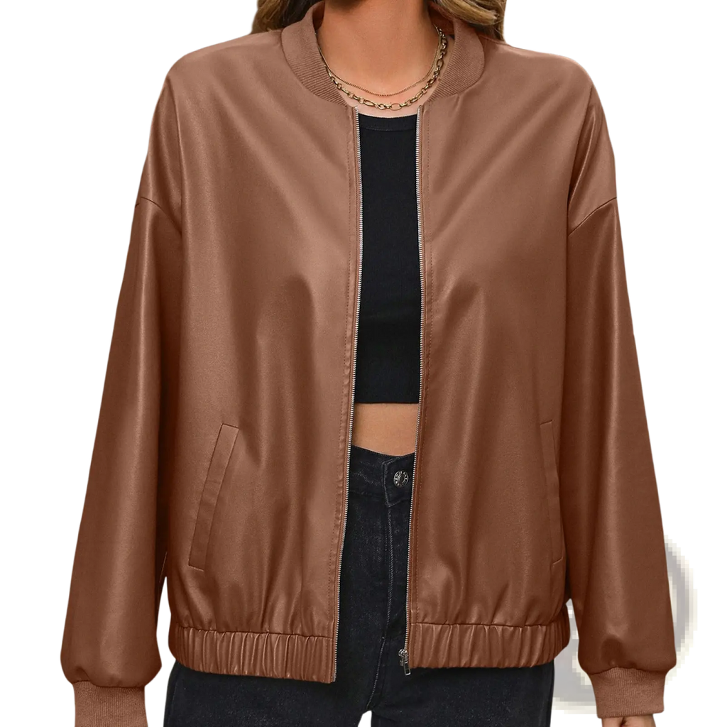 A sleek brown faux leather bomber jacket with ribbed cuffs and collar for stylish casual wear