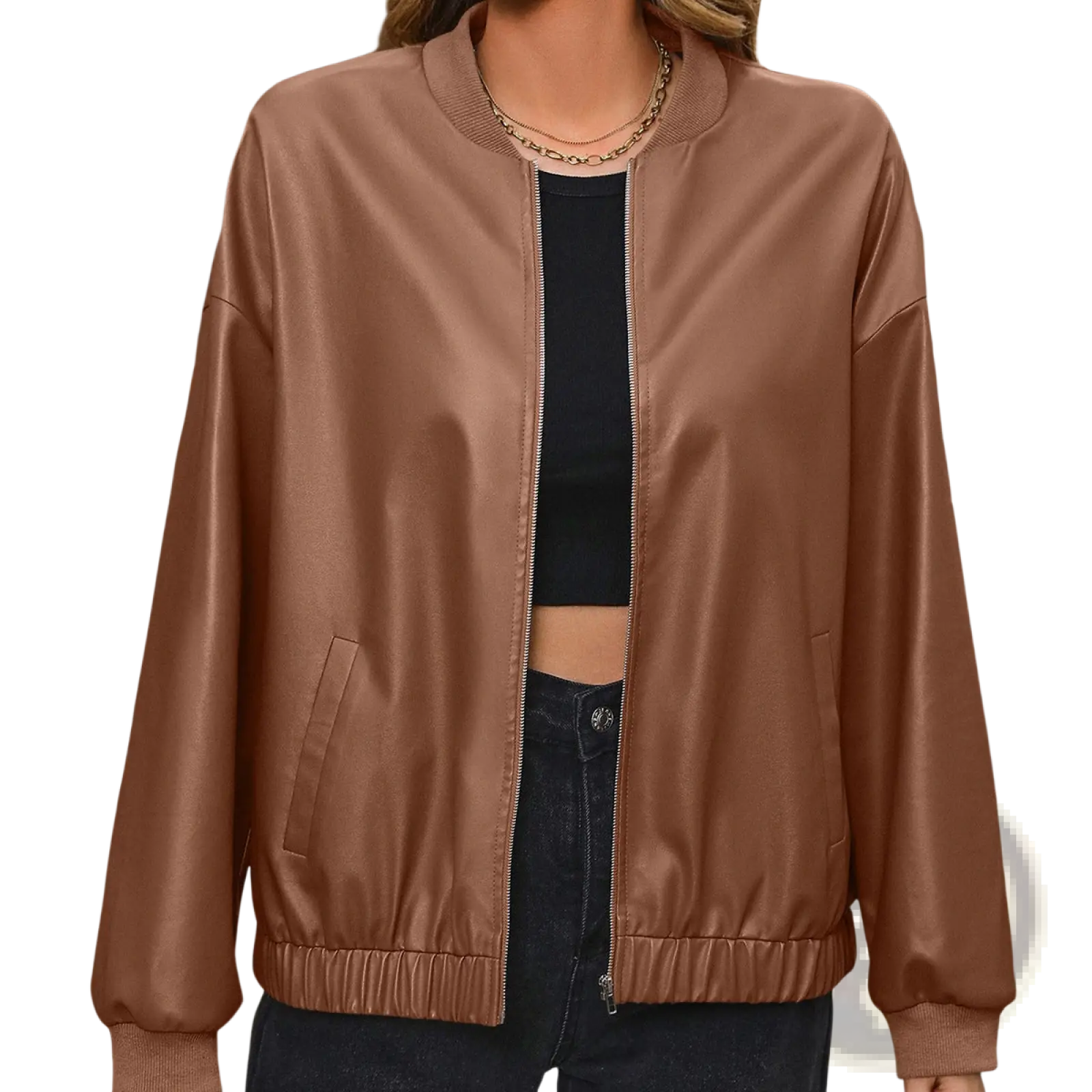 A sleek brown faux leather bomber jacket with ribbed cuffs and collar for stylish casual wear