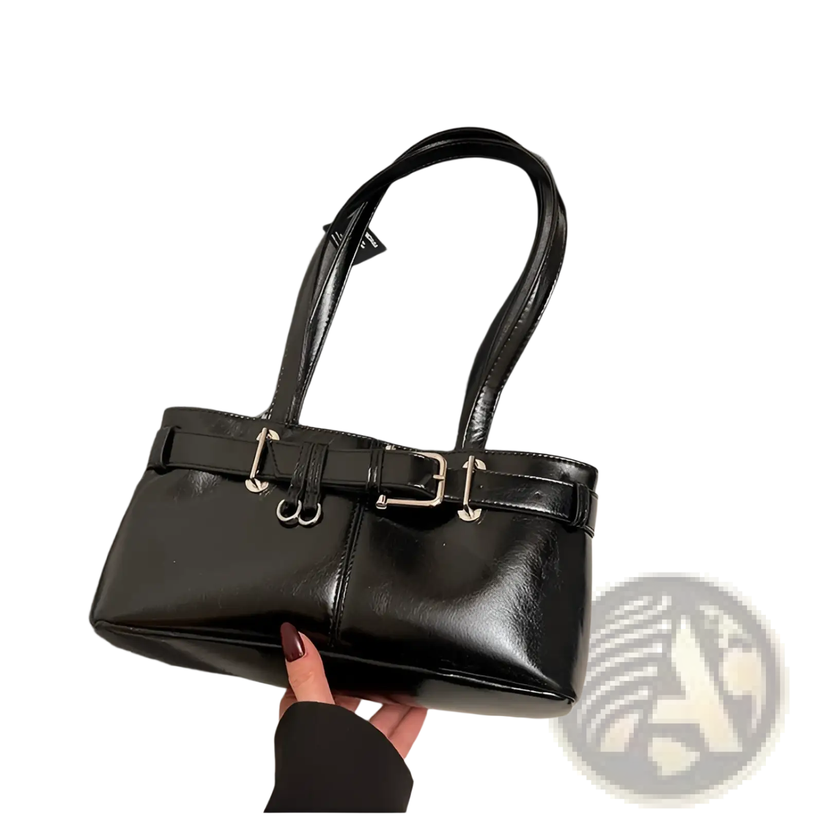 Black faux leather shoulder bag with silver buckle straps and structured rectangular shape featuring bow charm