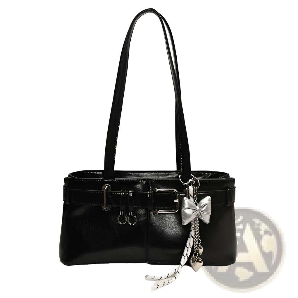 Black faux leather shoulder bag with silver buckle and bow charm in patent leather finish for elegant use