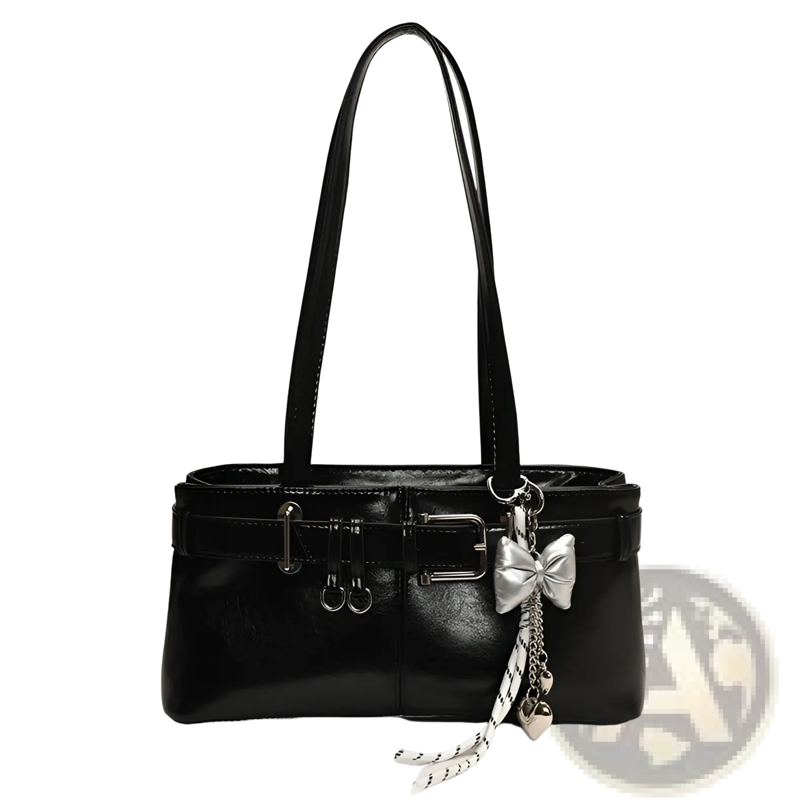 Black faux leather shoulder bag with silver buckle and bow charm in patent leather finish for elegant use