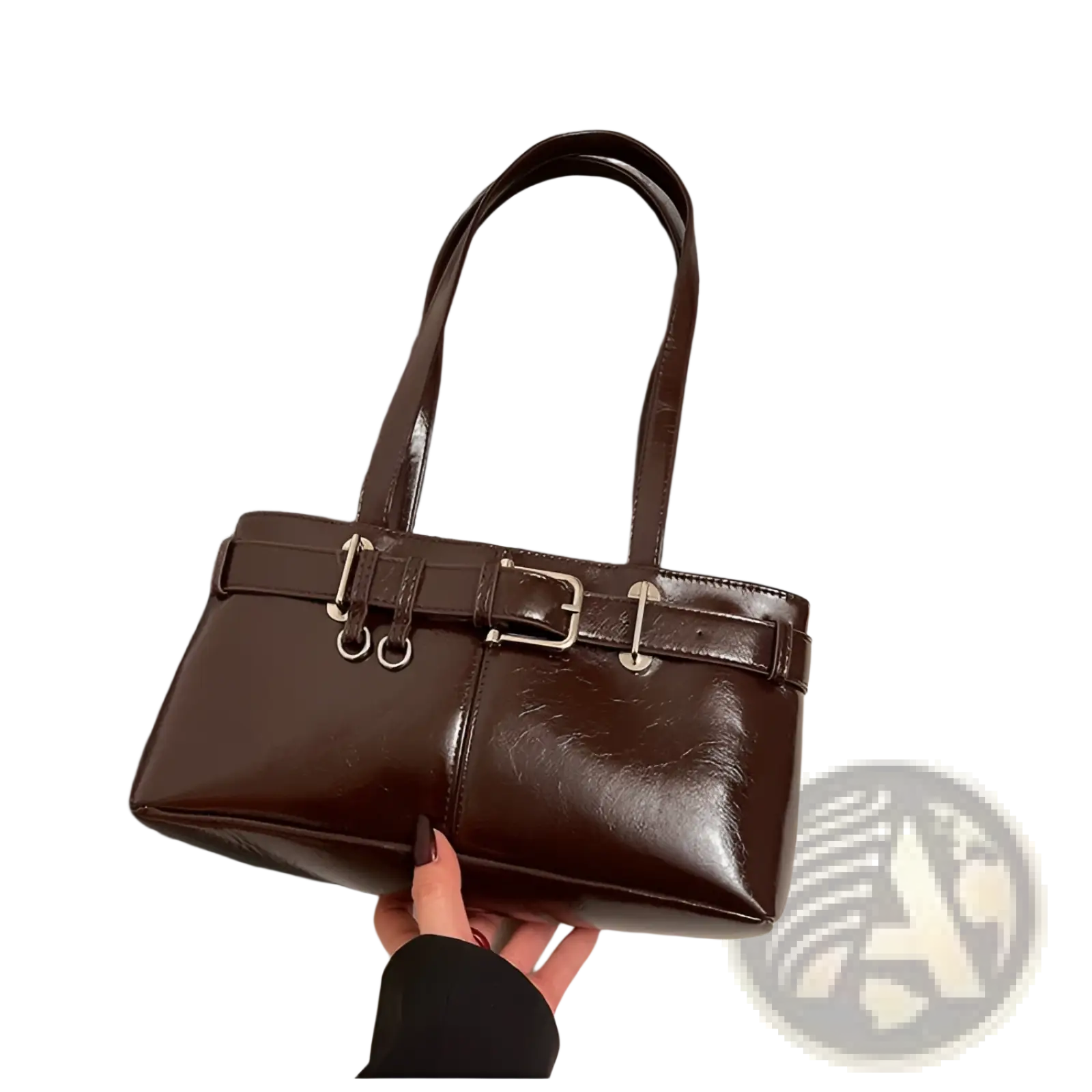 A glossy dark brown faux leather buckle shoulder bag with a structured rectangular shape and silver-toned straps