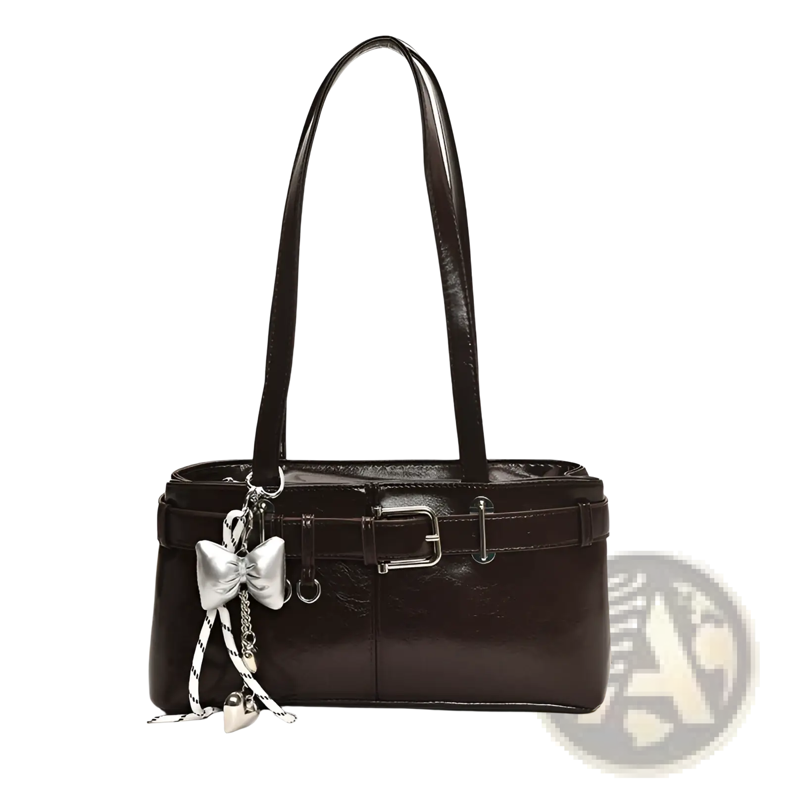Dark brown faux leather buckle shoulder bag with silver buckle and decorative bow charm for stylish use