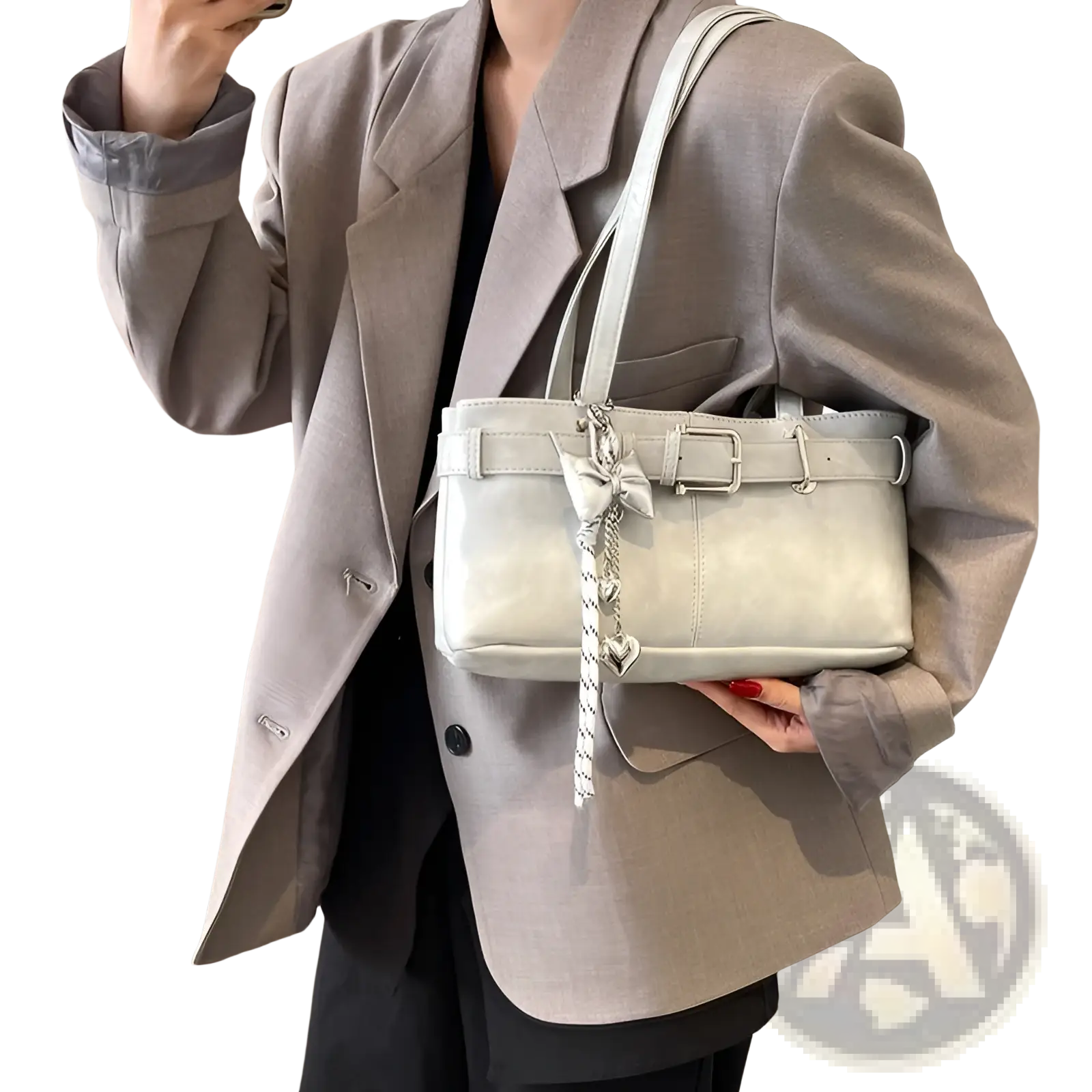 Silver faux leather buckle shoulder bag featuring a bow charm and chain detail for elegant wear