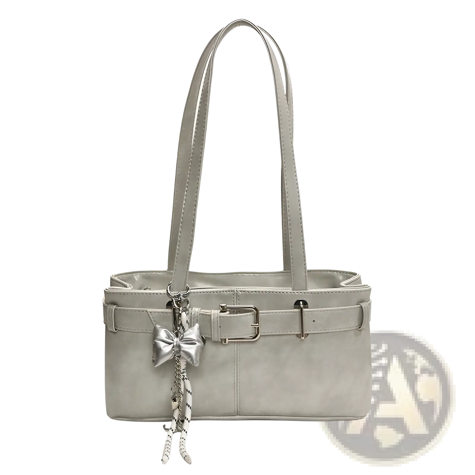 Silver faux leather shoulder bag featuring a metallic buckle and decorative bow charm for stylish use
