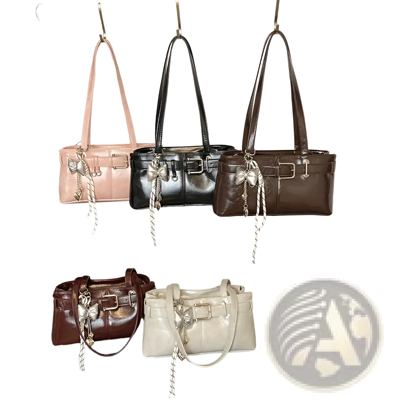 A collection of faux leather buckle shoulder bags with bow charm in pink black brown and cream hues