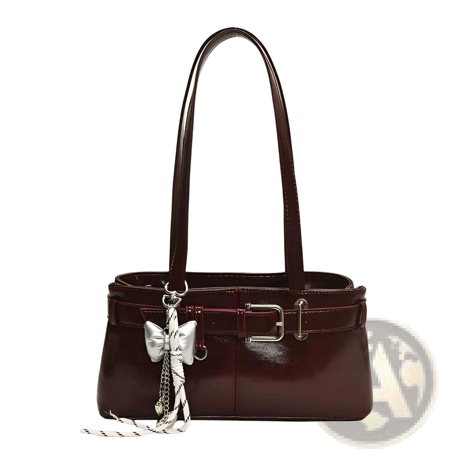 A glossy burgundy faux leather shoulder bag with silver buckle details and a decorative bow tassel charm