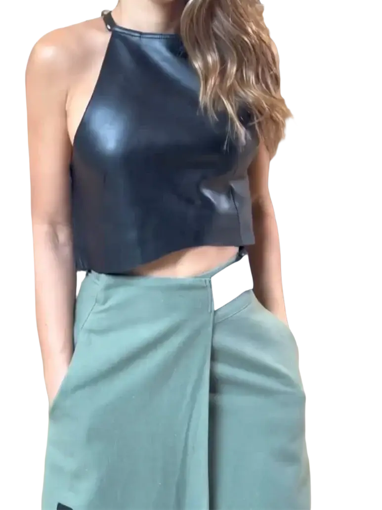 Black faux leather crop top with halter high-neck design and adjustable closure type in two piece set