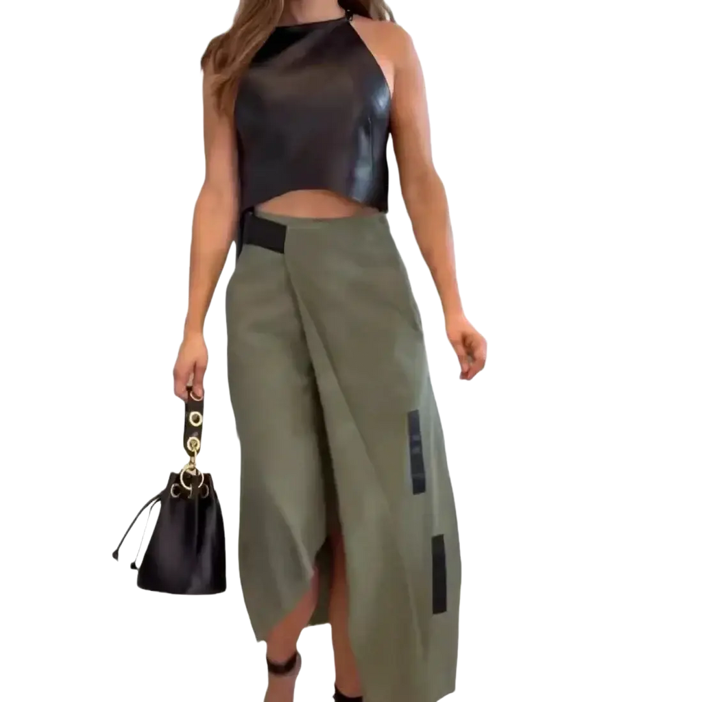 Olive green faux leather wide-leg skirt with black vertical panels and high slit featuring zipper closure type