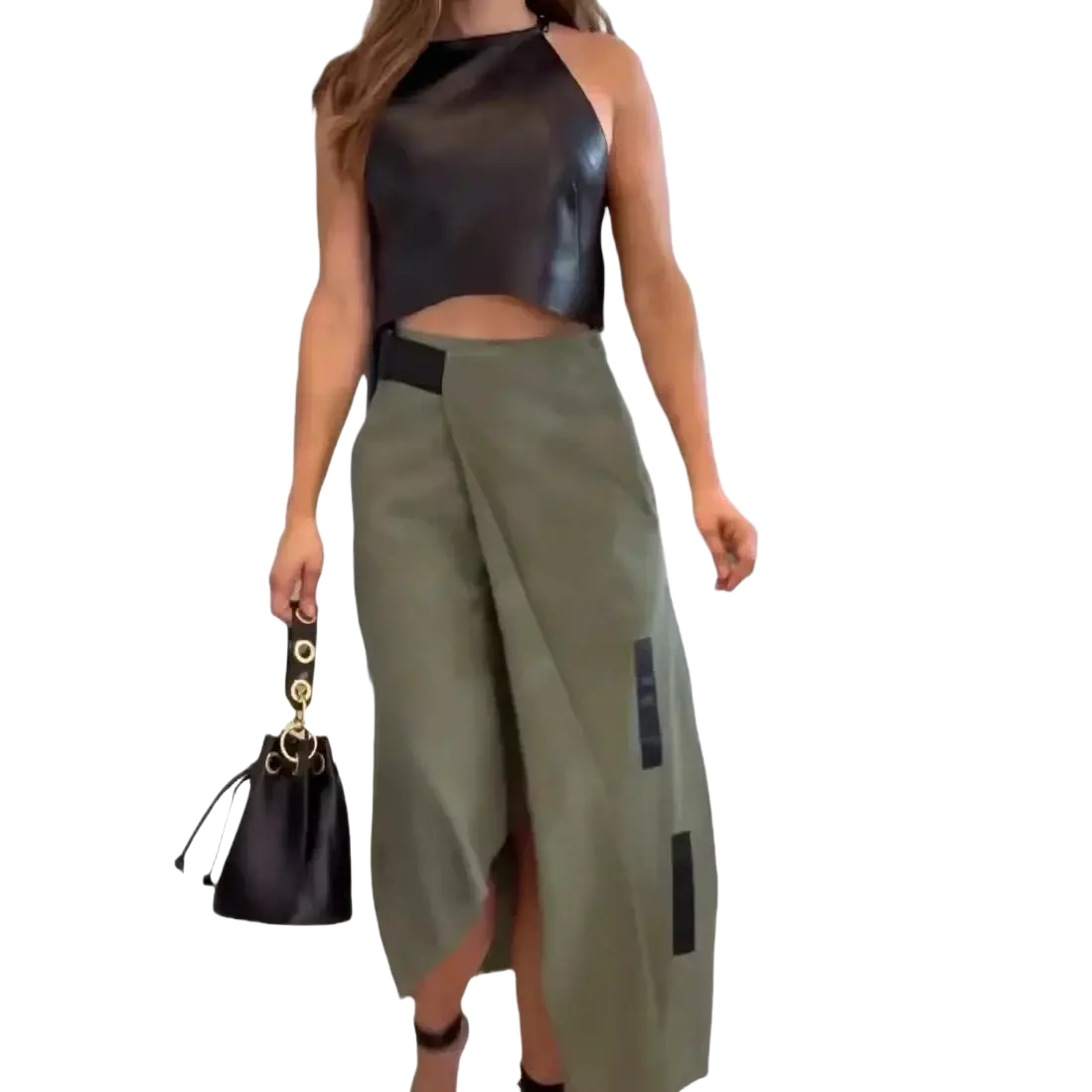 Olive green faux leather wide-leg skirt with black vertical panels and high slit featuring zipper closure type