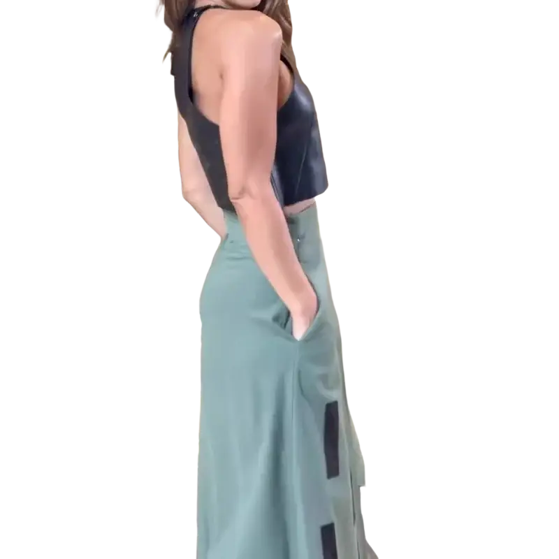 Teal faux leather wide-leg skirt with black rectangular patches and side zipper closure in two piece set