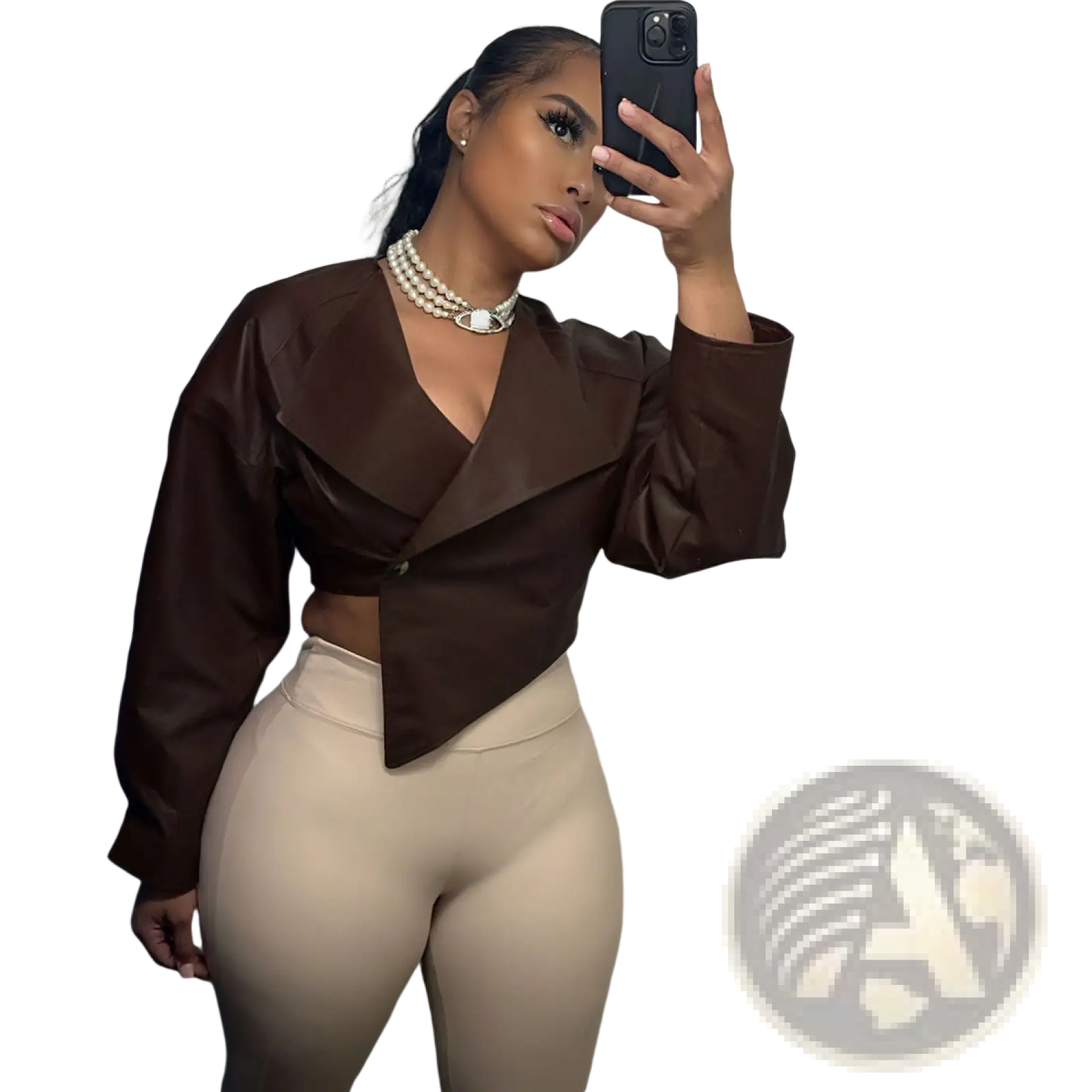 Brown satin crop top with draped front and long sleeves complementing maroon faux leather cropped blazer for women