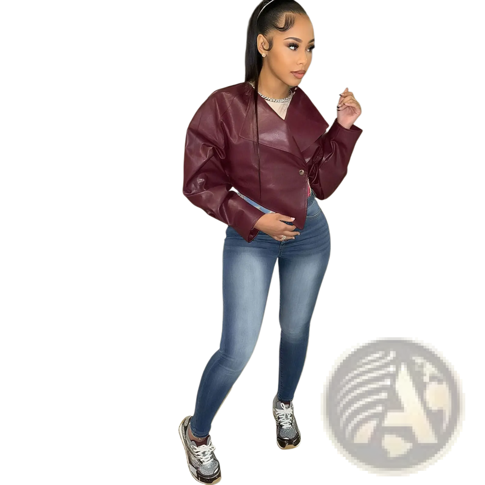 A maroon faux leather cropped blazer for women featuring a bold structured collar and gold-toned button closure