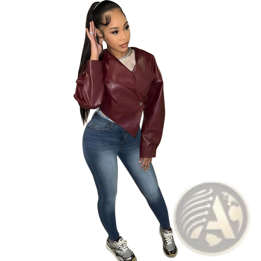 A maroon faux leather cropped blazer for women with a sleek glossy finish and long sleeves