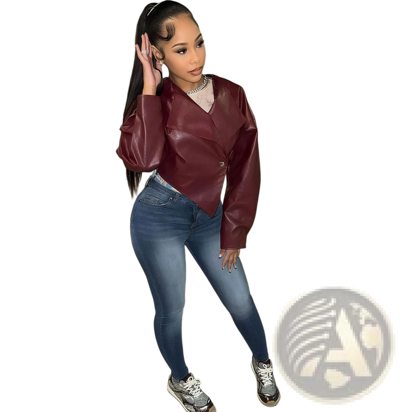 A maroon faux leather cropped blazer for women with a sleek glossy finish and long sleeves