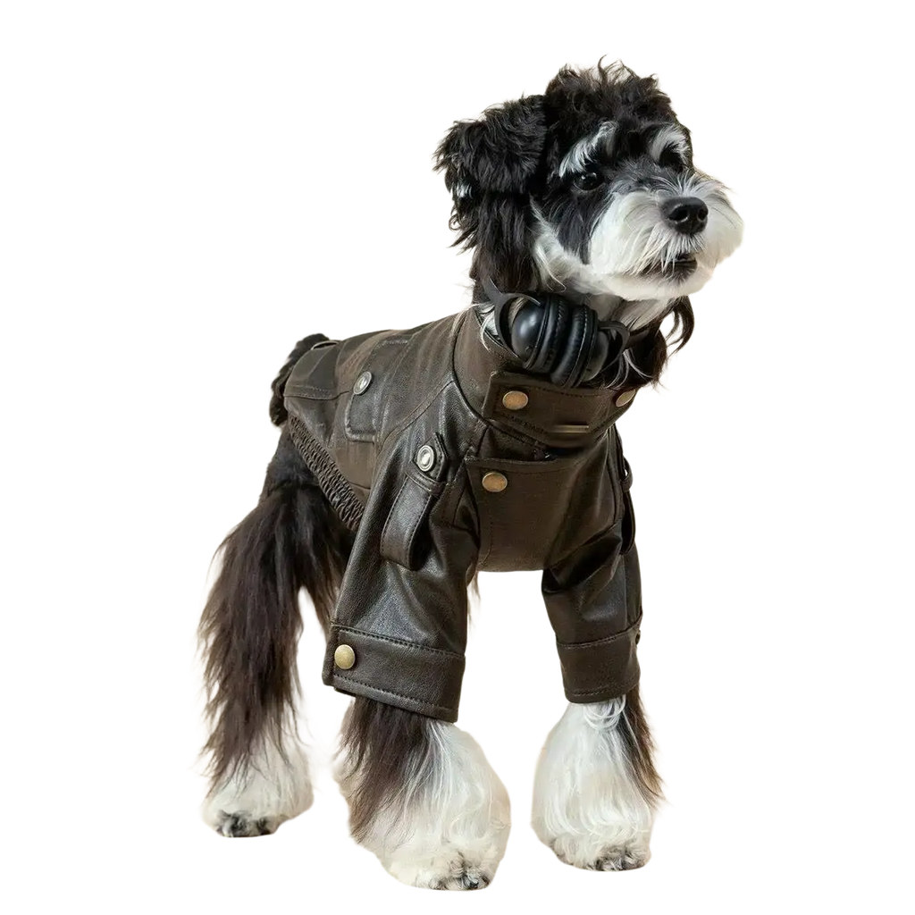 Black leather faux leather dog jacket with gold-tone buttons and collar detail for warmth and style