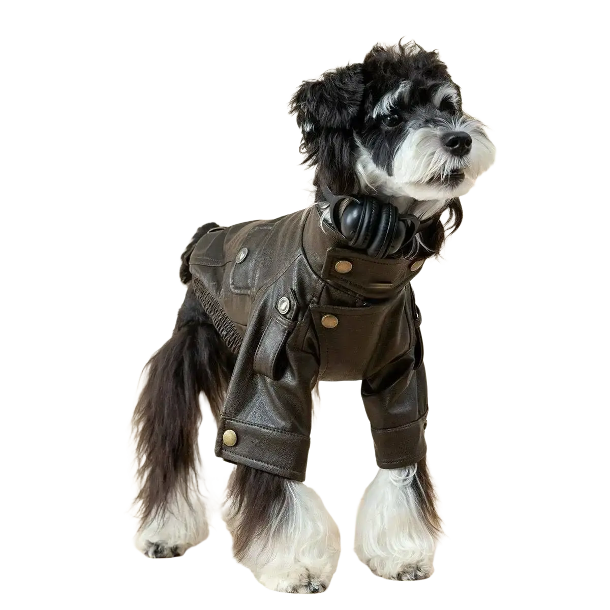 Black leather faux leather dog jacket with gold-tone buttons and collar detail for warmth and style
