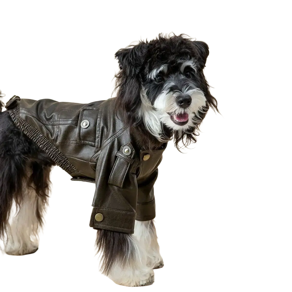 Black faux leather dog jacket with silver-toned buttons and textured ribbed waistband for warmth and style