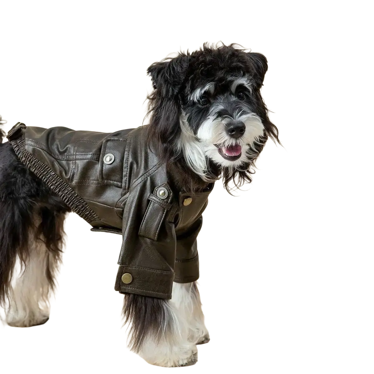 Black faux leather dog jacket with silver-toned buttons and textured ribbed waistband for warmth and style