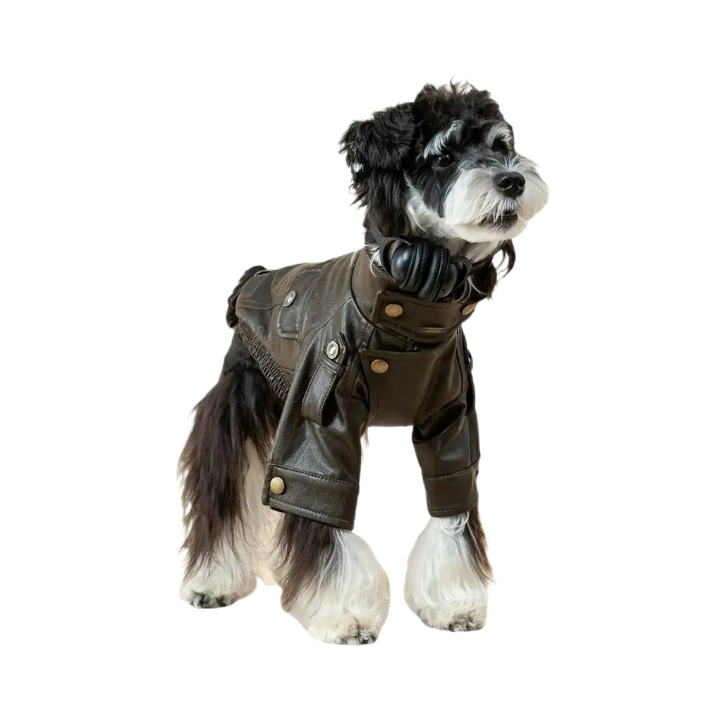 A black and white dog wearing a dark brown faux leather jacket with gold toned buttons warm coat